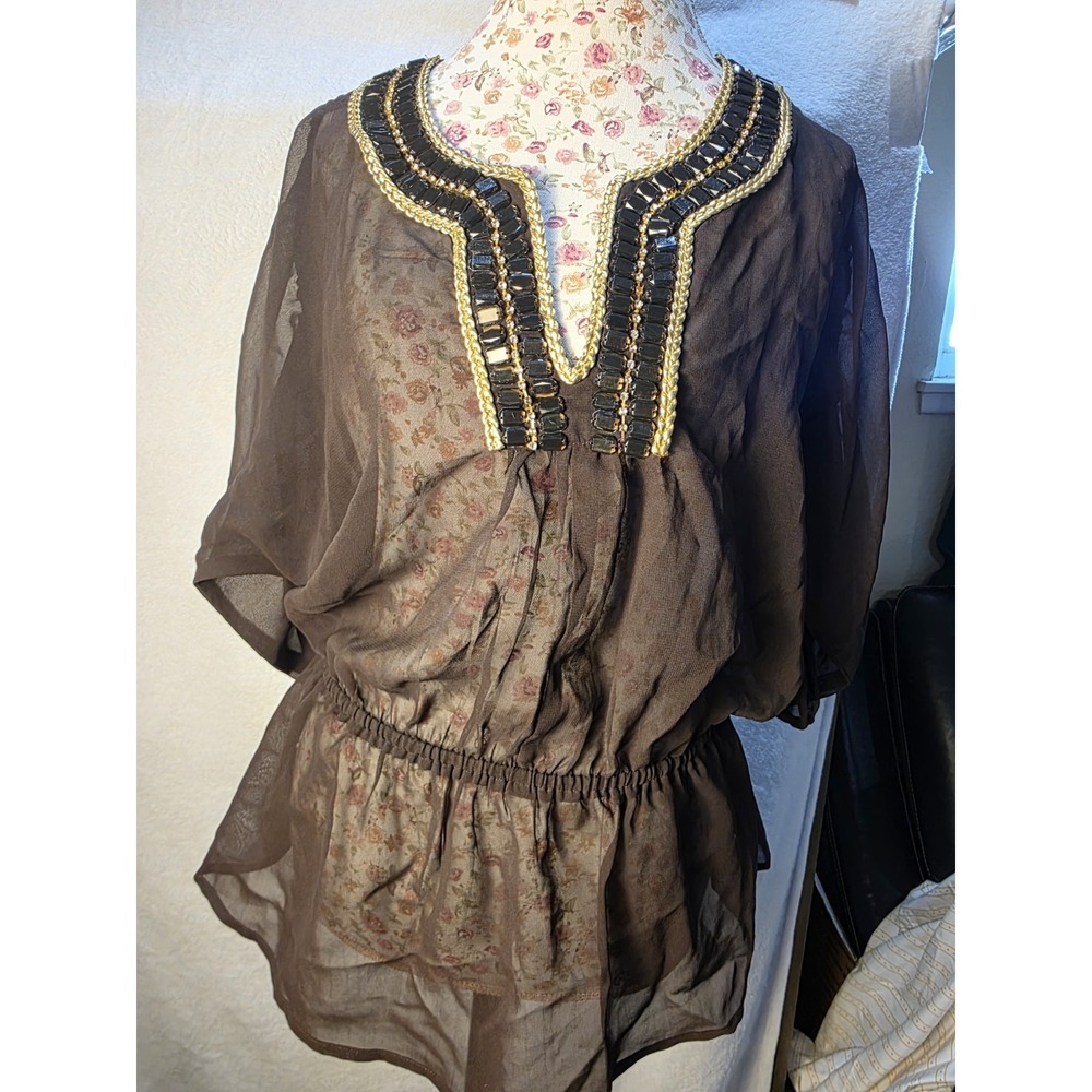 Adrienne Vittadini Sheer Cinched Waist Blouse Quarter Sleeve Gold Trim Studs NWT